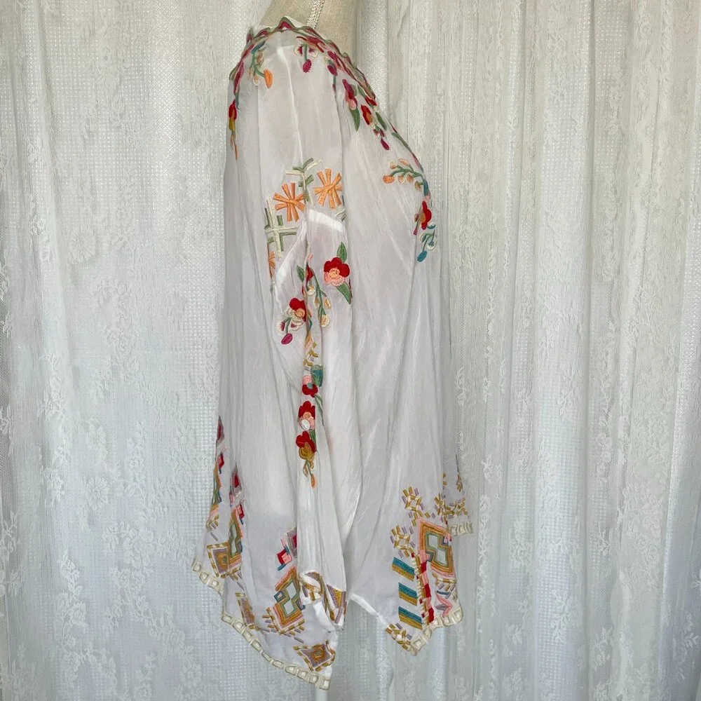 Johnny Was Women's Tunic Top Large Jessa White Sheer Embroidered Button Oversize - Picture 3 of 8